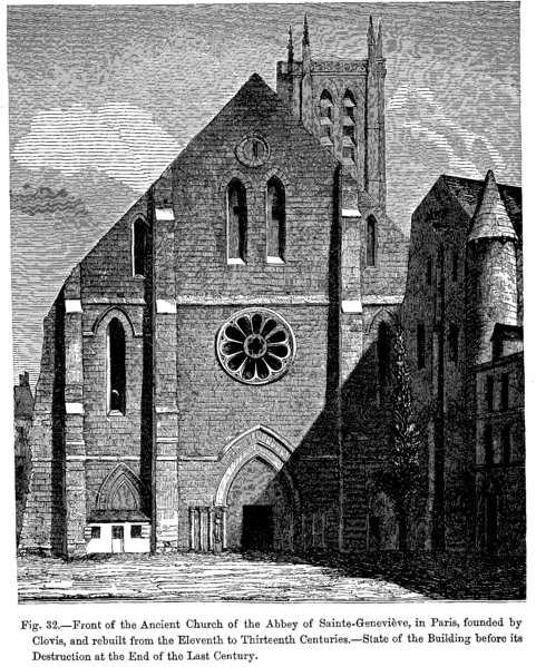 Den gamle klosterkirken Sainte-Geneviève i Paris, grunnlagt av Klodvig og senere ombygd. Tilstanden før den ble revet i 1802.