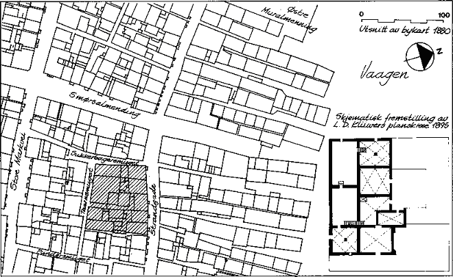 Utsnitt av stadskondukt&#248;r H&#248;eghs kart over Bergen fra 1880. L. D. Kulwers oppm&#229;lingsskisse av noen hvelvede kjellere fra klosteret er avtegnet og innfelt i h&#248;yre hj&#248;rne. Ut fra skissen er disse bygningsrestene lokalisert til kvartalet som er begrenset av Strandgade, Sukkerbagersmuget og Taarnsmuget. Mulig utstrekning av klosteret er markert med raster. Det har ligget helt ned mot Vaagen
