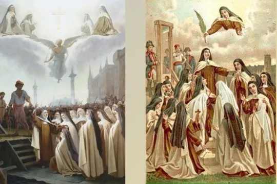 Kunstneriske avbildninger av karmelittnonnene i Compiègne som føres til giljotinen