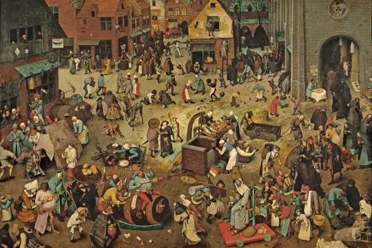 Maleri med masse mennesker i en by av Pieter Bruegel den eldre