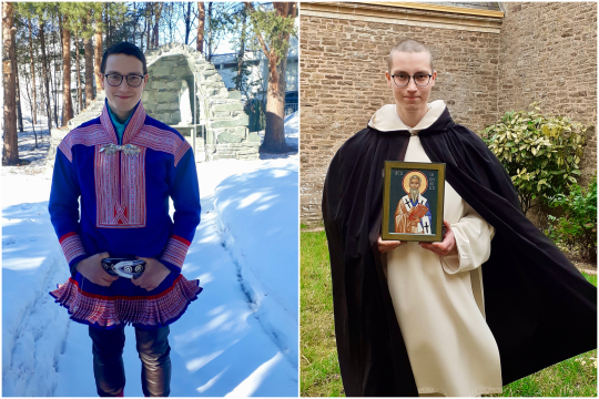 Portrait of Isak Ailu Pulk Eira in traditional Sami costume and his Carthusian robes.