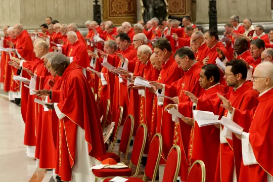 Kardinaler ikledd røde messeklær deltar i en messe i Peterskirken