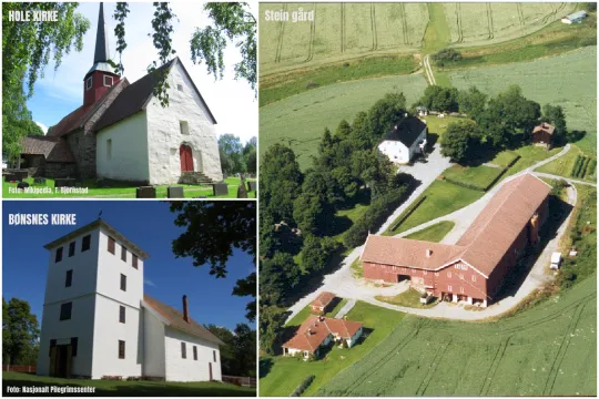 Collage av Hole kirke, Bønsnes kirke og Stein gård. 