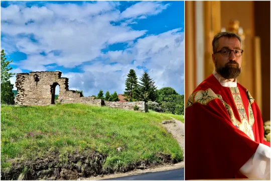 Collage av Margaretakirken i Maridalen og portrett av biskop Fredrik Hansen i St. Olav domkirke. 