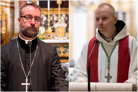 Collage med portretter av biskop Fredrik Hansen og biskop Erik Varden
