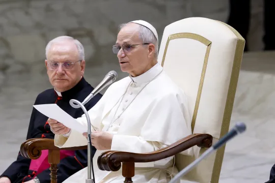 Pave Leo XIV sitter i Paul VI-salen og taler