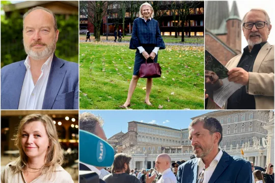 Collage av 5 katolikker som uttaler seg om pave Leos første år. 