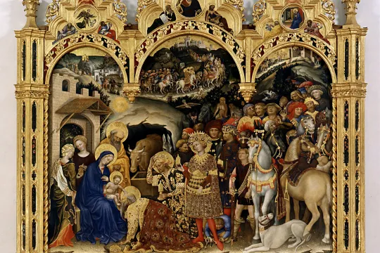 «De hellige tre kongers tilbedelse» (1423), altertavle av Gentile da Fabriano  (1370–1427). 