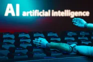 To robothender på et tastatur under teksten "AI artificial intelligence"
