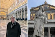 P. Torbjørn Holte inne i St. Paulus-basilikaen (til venstre) og statuen av Paulus (til høyre)