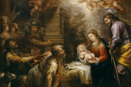 Francisco Rizis maleri av gjeterne som tilber Jesusbarnet, med Maria og Josef