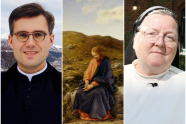 Foto av p. Ole Martin Stamnestrø, maleri av Jesus og foto av sr. Anne Bente Hadland