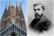 Sagrada Familia-basilikaen (til venstre) og Antoni Gaudí (til høyre)
