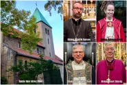 Collage av Gamle Aker kirke og de fire biskoper Bernt Eidsvig, Olav Fykse Tveit, Fredrik Hansen og Sunniva Gylver.. 