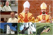 Collage av sr. Anne Bente Hadland, p. Jon Atle Wetaas, kirkene på Bønsnes og Hole, Stein gård og biskopene Bernt og Fredrik. 