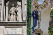 Statue av John Henry Newman og bilde av Carlo Acutis