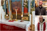 Collage med reportasjebilde fra Bønsnes kirke samt portretter av biskopene Fredrik Hansen og Erik Varden. 