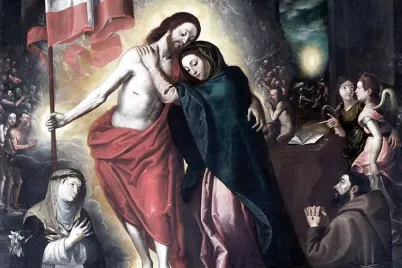 Maleri av den oppstandne Jesus som omfavner sin mor Maria