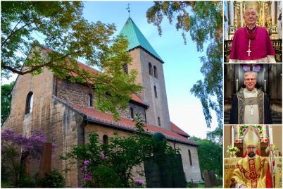 Collage av Gamle Aker kirke og de tre biskoper Bernt Eidsvig, Olav Fykse Tveit og Fredrik Hansen. 