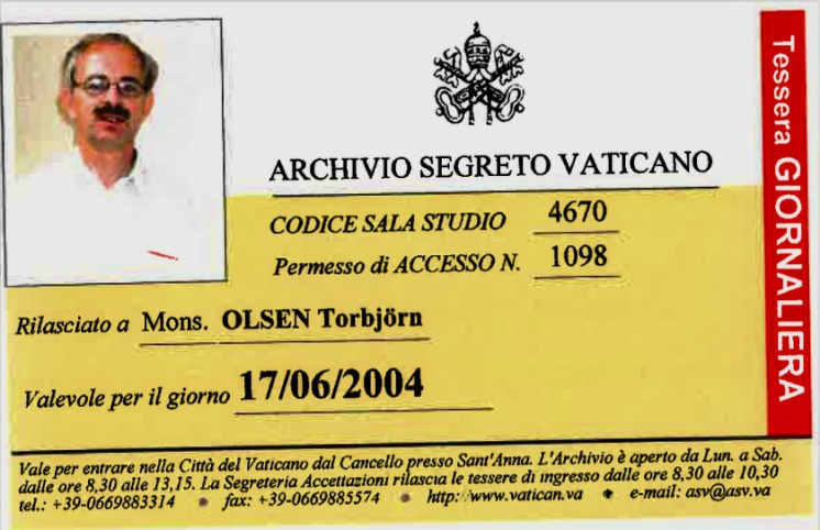 Mgr. Torbjørn Olsens adgangskort til Vatikanets hemmelige arkiv..
