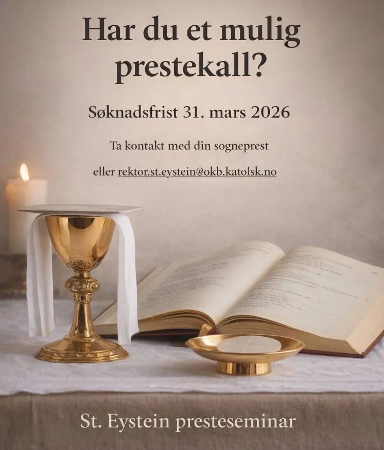 Plakat for opptak til St. Eystein presteseminar. Tekst: Har du et mulig prestekall? Søknadsfrist 31. mars 2026.