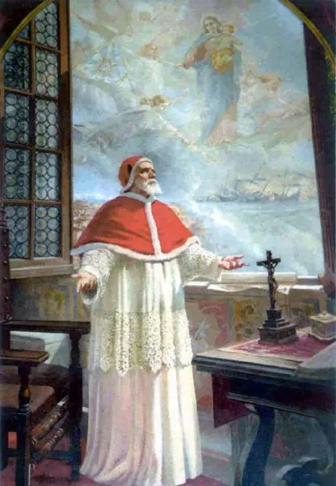 Maleri av pave Pius V som ber til Maria