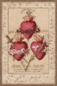 Et gammelt bønnekort med Jesu, Marias og Josefs hjerter
