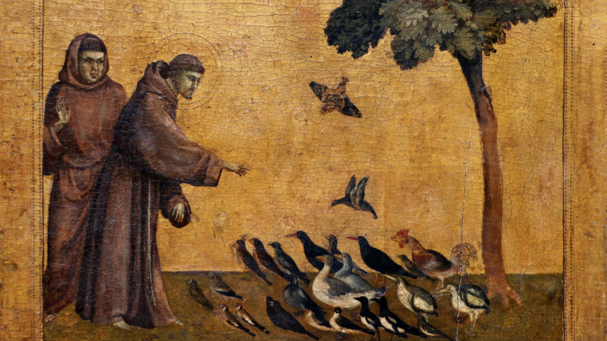 Freske av Giotto som viser den hellige Frans av Assisi med fugler