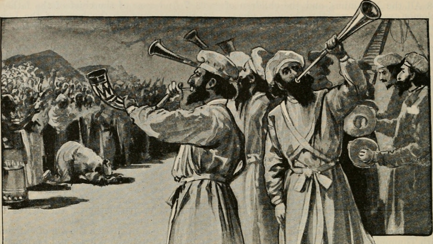 Bibelillustrasjon av israelittiske prester som blåser i horn