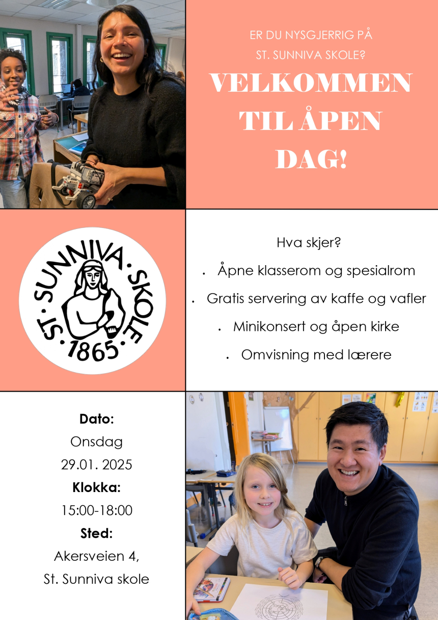 Plakat til åpen dag på St. Sunniva skole, 29. januar 2025