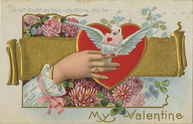 Et Valentinkort fra 1911 med blomster og en hånd som holder en due med en konvolutt i nebbet, omgitt av et hjerte