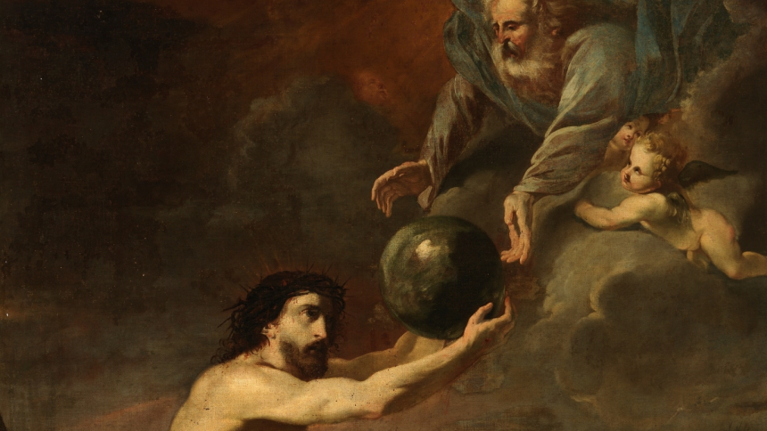 Antonio Fernández Arias' maleri av Jesus som mottar verden (jordkloden) fra Gud Faderen