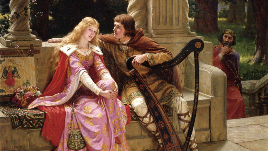 Edmund Leightons maleri av Tristan og Isolde som sitter sammen på en benk, med en nysgjerrig mann i bakgrunnen