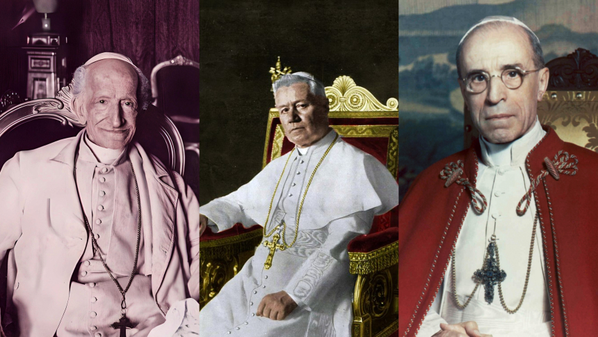 Fargelagte fotografier av pave Leo XIII, pave Pius X og pave Pius XII