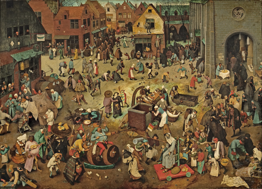 Maleri med masse mennesker i en by av Pieter Bruegel den eldre