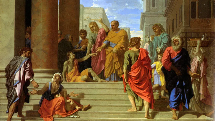 Nicolas Poussins maleri av Peter og Johannes som helbreder en mann