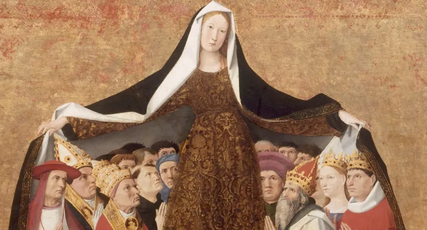 Enguerrand Quartons maleri av Mari som dekker mennesker under sin kappe