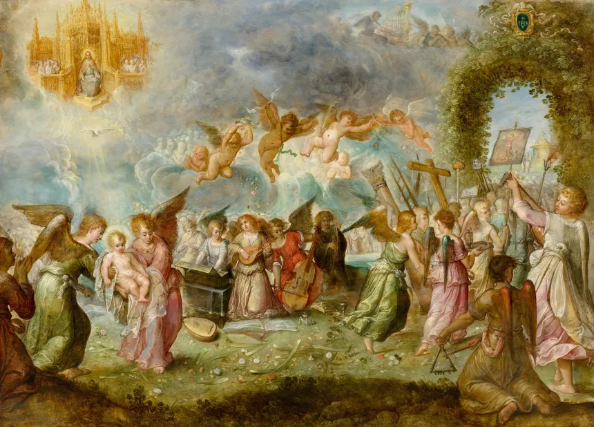 Ambrosius Franckens maleri av engler som bærer bort lidelsesredskapene fra Kristi korsfestelse