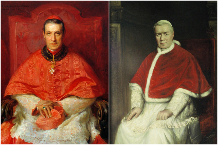 Maleri av kardinal Rampolla (til venstre) og pave Pius X (til høyre)