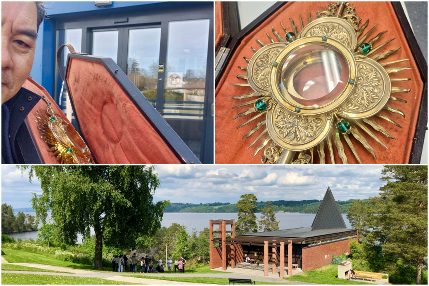 Billedcollage: Mariaholm-kapellet, Mariaholm-kapellets monstrans og p. Phu Thanh Nguyen