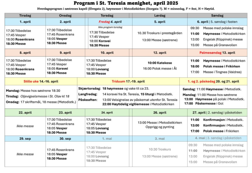 Messeplan for St. Teresia menighet april 2025