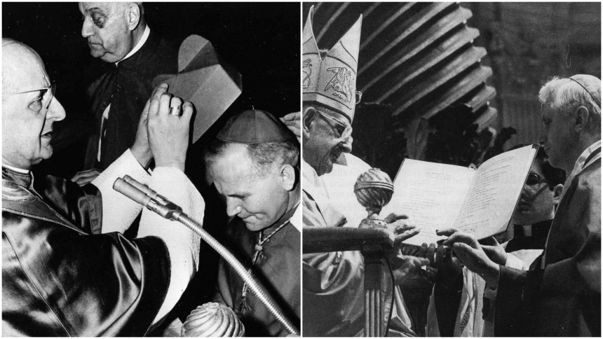 Pave Paul VI kreerer Wojtyla til kardinal til venstre, og kreerer Ratzinger til kardinal til høyre