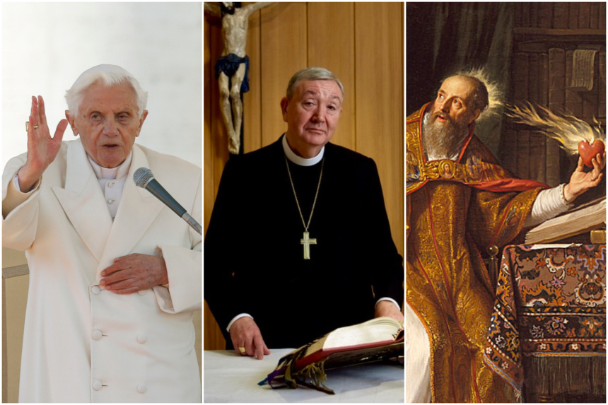 Collage til påskequiz 2025. Pave Benedikt, biskop Bernt Eidsvig og Den hellige Augustin. 