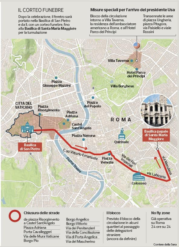 Kart over ruten pave Frans' kiste tar fra Peterskirken til Santa Maria Maggiore i Roma