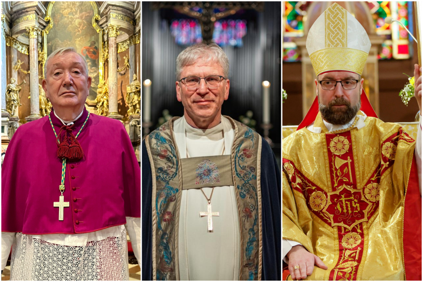 Collage av biskop Bernt Eidsvig, preses i Den norske kirke biskop Olav Fykse Tveit og biskop Fredrik Hansen.  