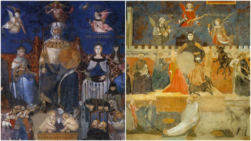 Utsnitt fra Ambrogio Lorenzettis freske av godt og dårlig styresett