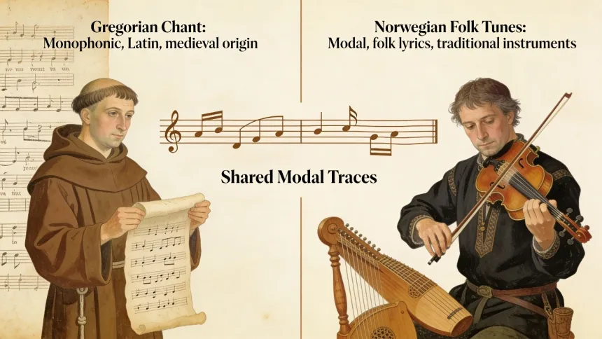 Tegningen en munk som synger fra et middelaldersk noteark og en felespiller i bunad. Mellom dem er et plusstegn som viser til koblingen mellom musikkartene.