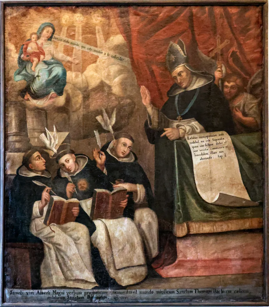 Maleri av Albert den store som underviser Thomas Aquinas og andre