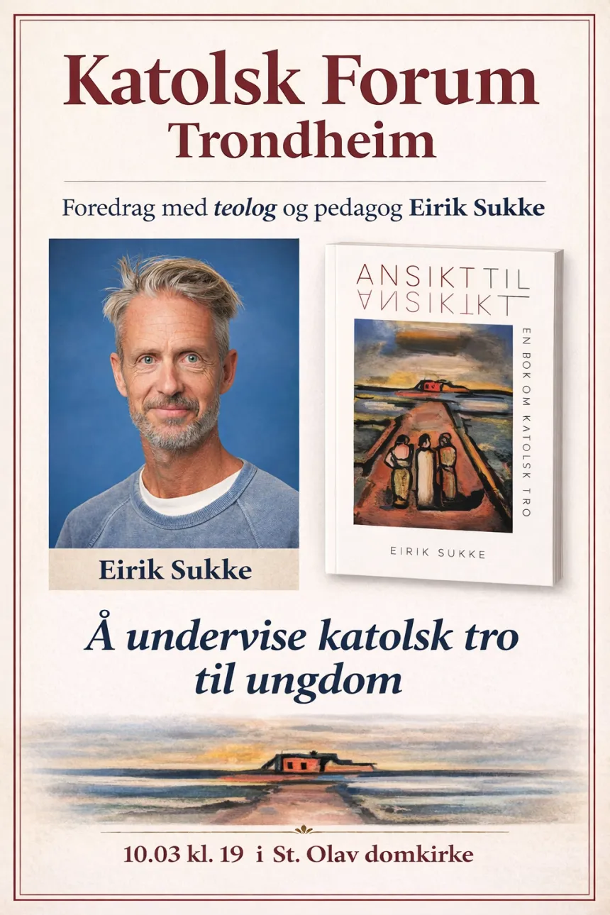 Plakat med informasjon om katolsk forum 10. mars 2026