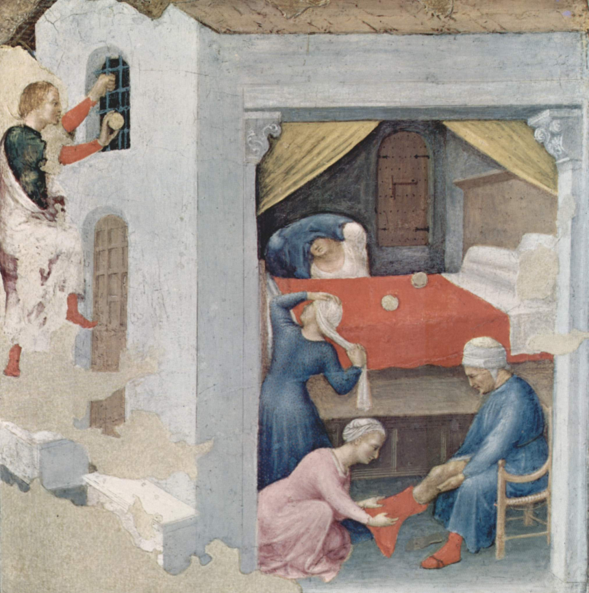 Maleri av St. Nikolas som gir gaver gjennom vinduet